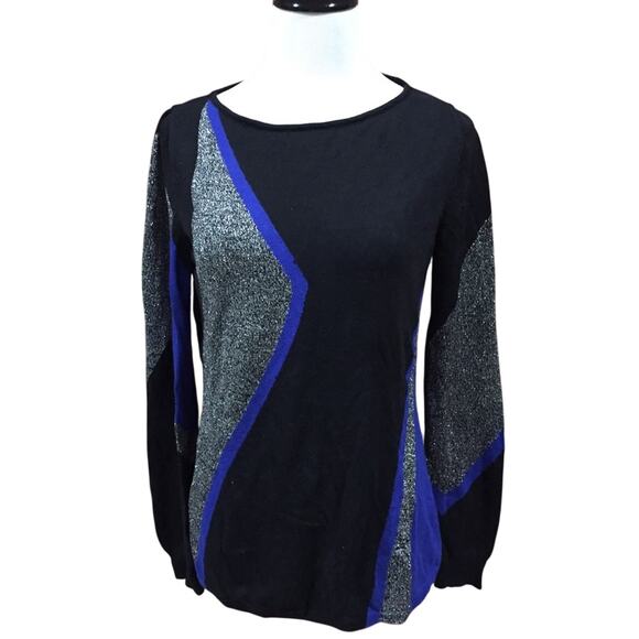 Jones New York Sweater sz M Black Blue Metallic Sweater Crewneck Knit Sweater - Picture 1 of 5
